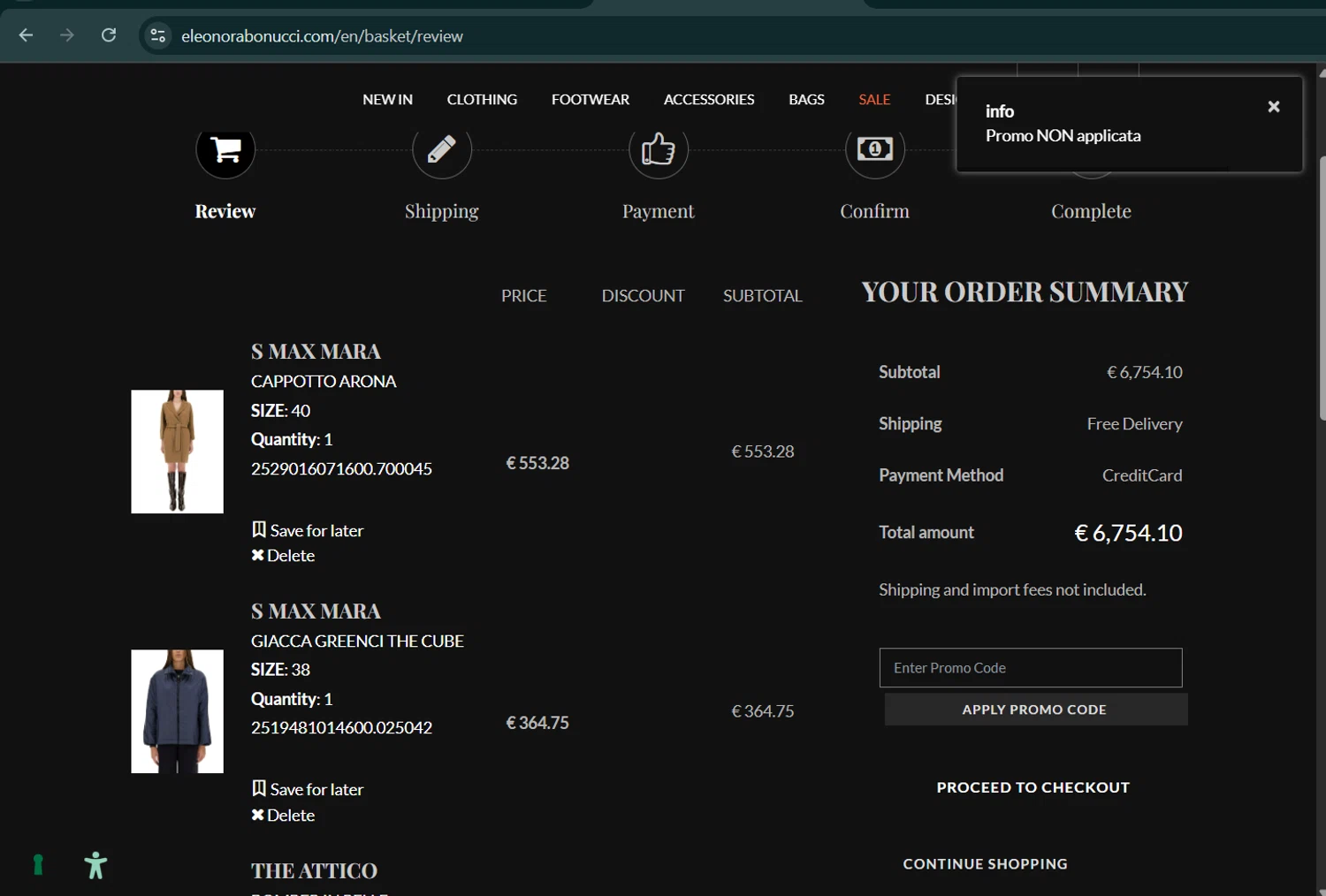 Eleonora Bonucci promo code screenshot showing code EBFREE applied at Eleonora Bonucci checkout page. Uploaded by SimplyCodes community member AGDR28 on Jul 22, 2025