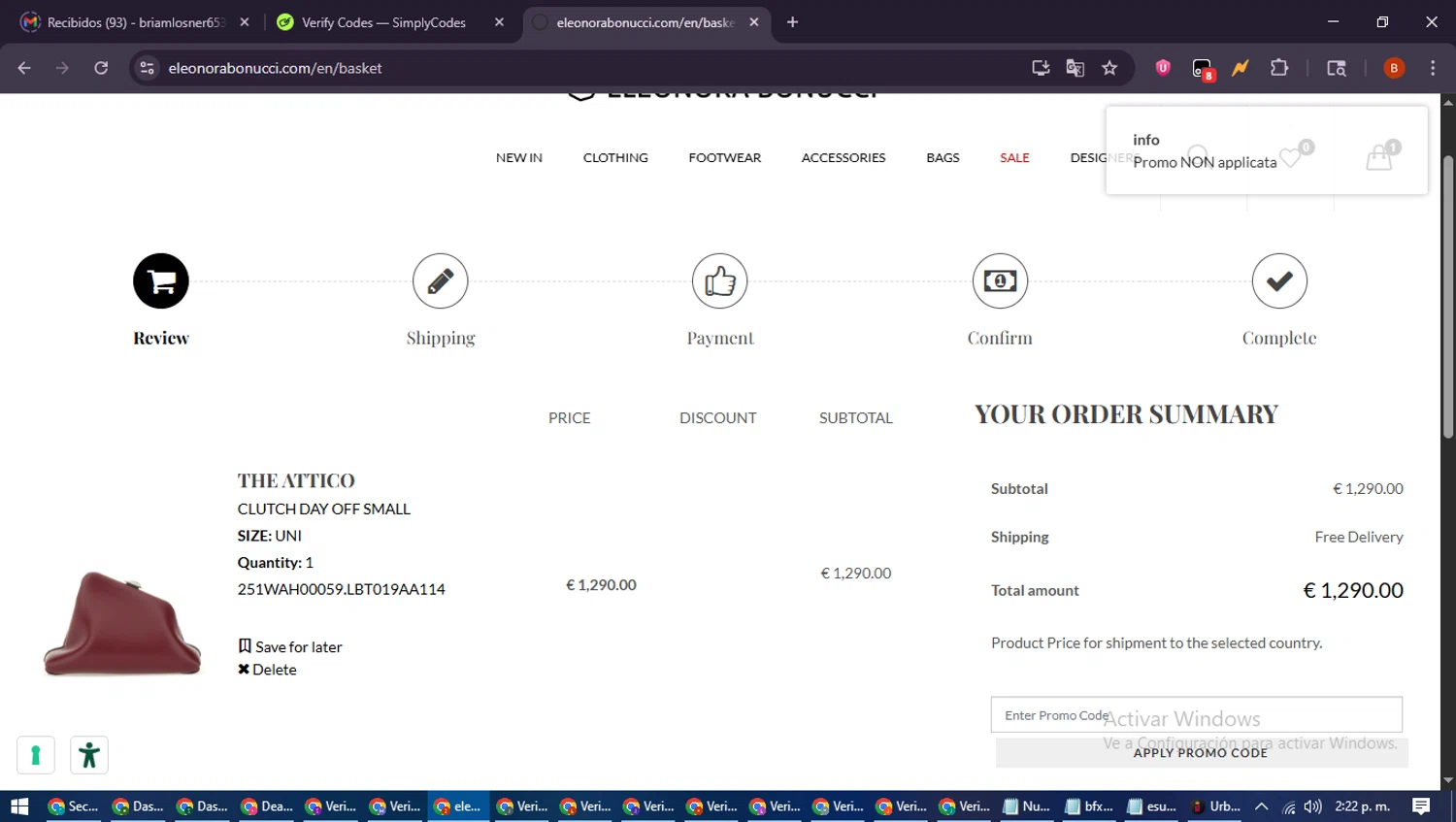 Eleonora Bonucci promo code screenshot showing code EBFREE applied at Eleonora Bonucci checkout page. Uploaded by SimplyCodes community member DiscountExpert6435 on Jul 22, 2025