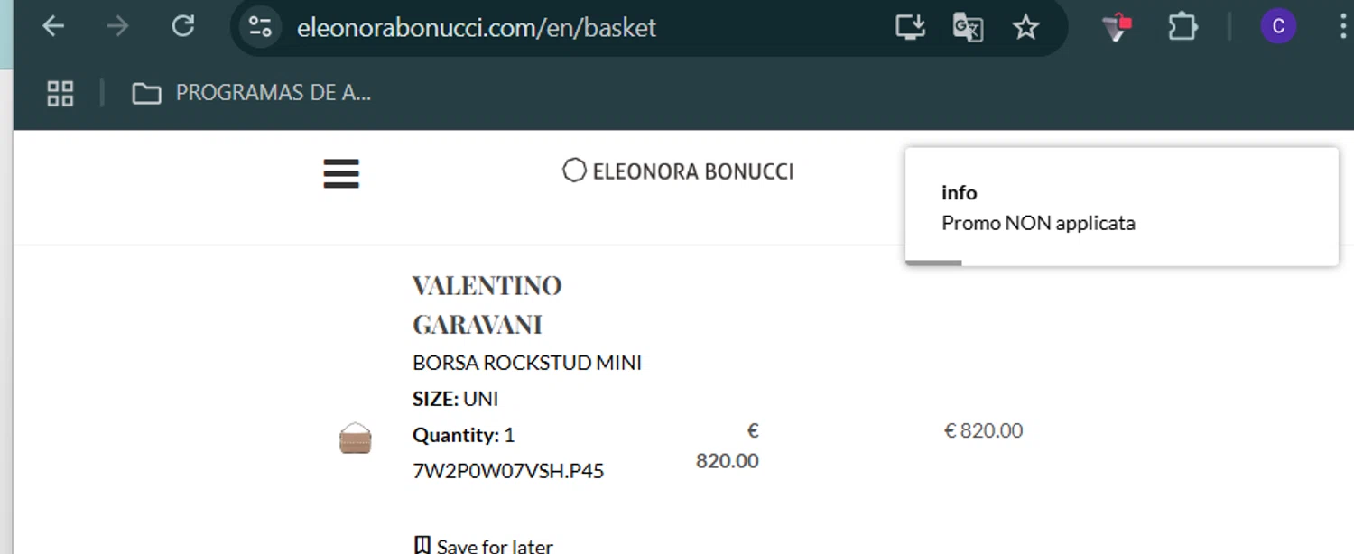 Eleonora Bonucci promo code screenshot showing code EBFREE applied at Eleonora Bonucci checkout page. Uploaded by SimplyCodes community member Lacalix on Jul 22, 2025