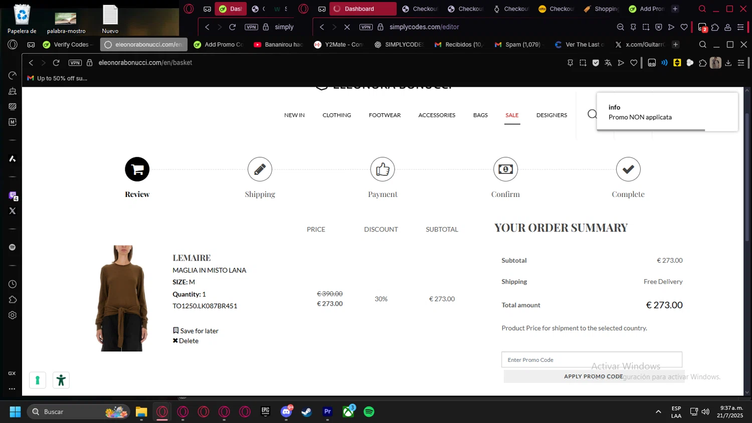 Eleonora Bonucci promo code screenshot showing code SUMMER10 applied at Eleonora Bonucci checkout page. Uploaded by SimplyCodes community member kurcovein on Jul 21, 2025