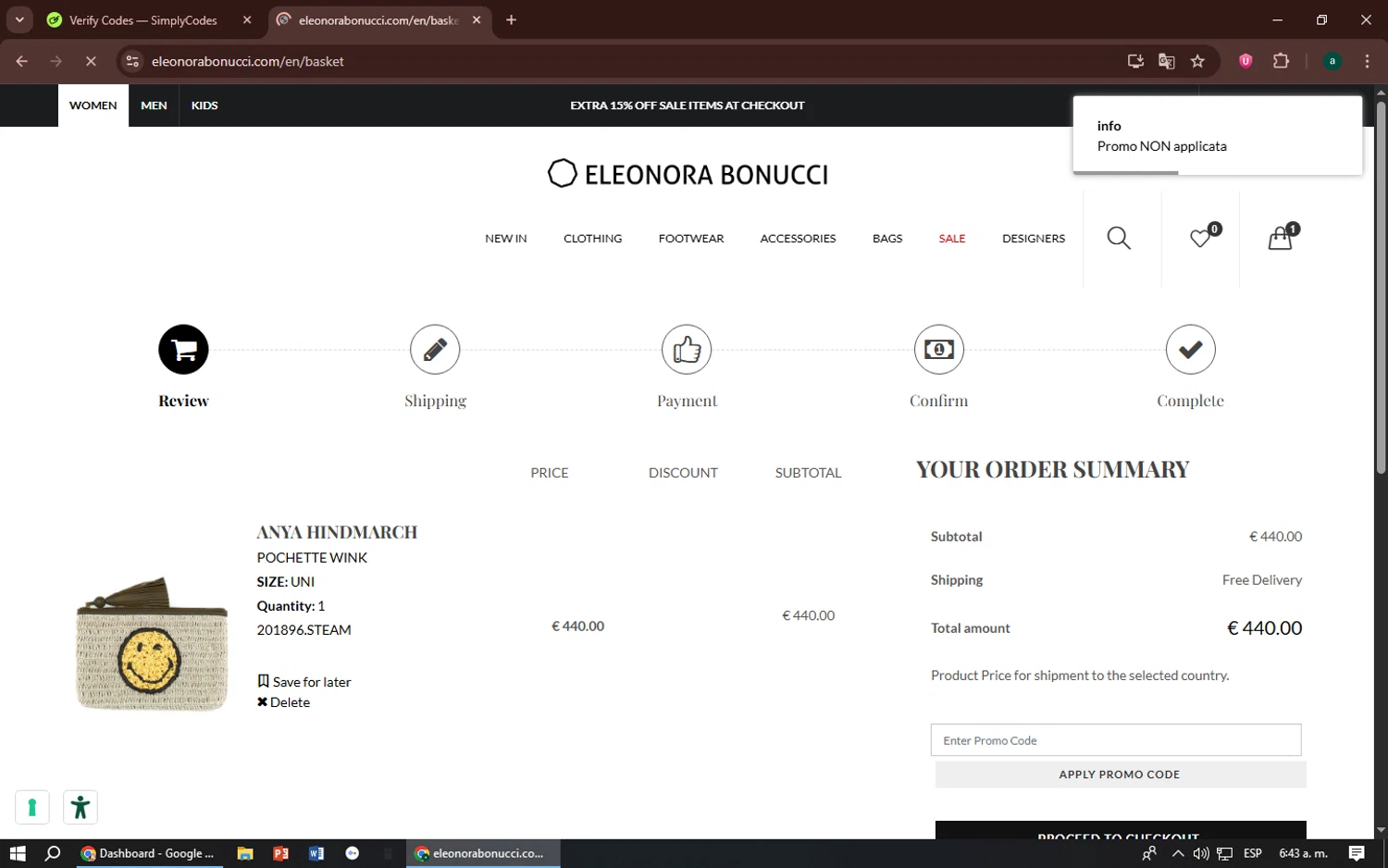 Eleonora Bonucci promo code screenshot showing code SUMMER10 applied at Eleonora Bonucci checkout page. Uploaded by SimplyCodes community member zizu55 on Aug 9, 2025