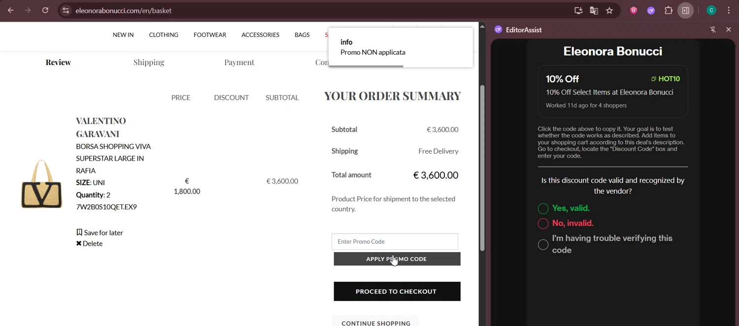 Eleonora Bonucci promo code screenshot showing code HOT10 applied at Eleonora Bonucci checkout page. Uploaded by SimplyCodes community member Negritoo on Aug 26, 2025
