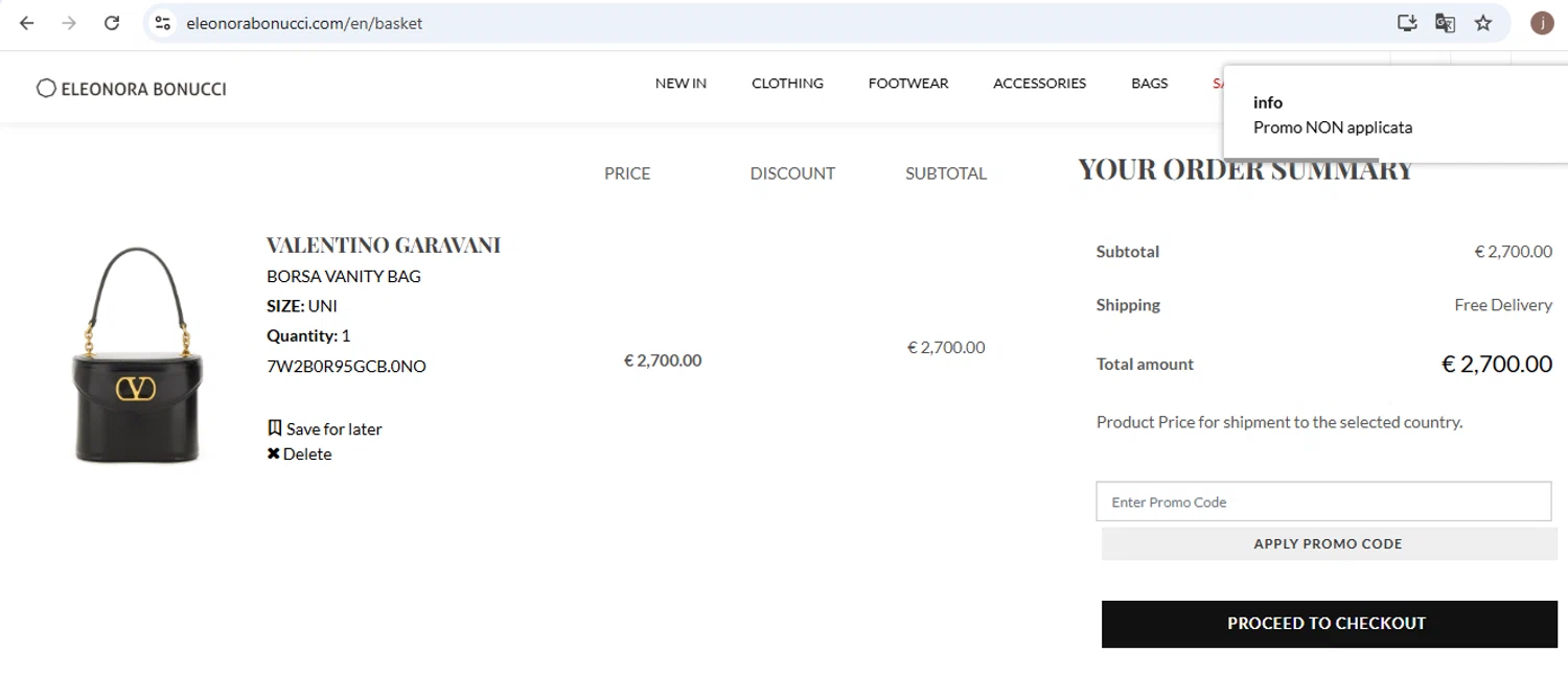 Eleonora Bonucci promo code screenshot showing code HOT10 applied at Eleonora Bonucci checkout page. Uploaded by SimplyCodes community member carol_lameda on Aug 26, 2025