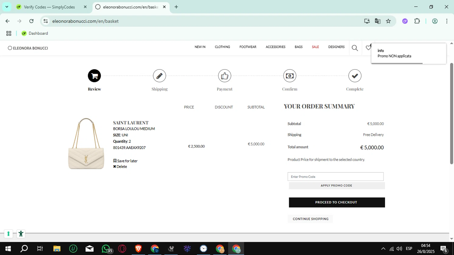 Eleonora Bonucci promo code screenshot showing code HOT10 applied at Eleonora Bonucci checkout page. Uploaded by SimplyCodes community member rauzzzz on Aug 26, 2025