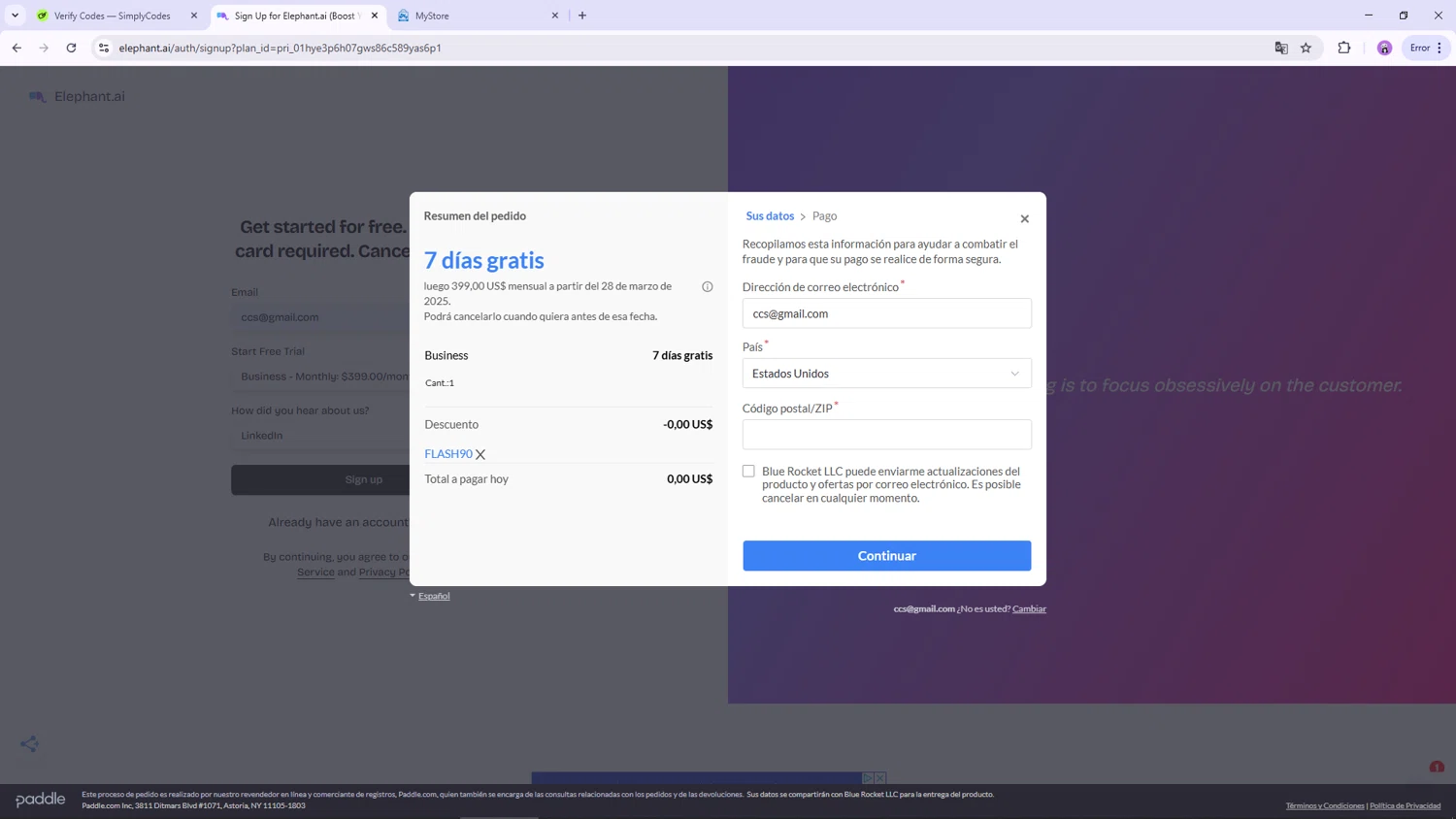 Elephant.ai checkout page showing Elephant.ai promo code box | Screenshot taken by SimplyCodes community member on Mar 21, 2025