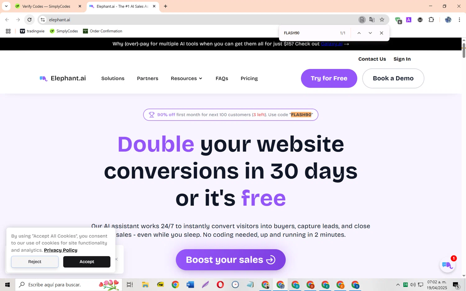 Elephant.ai checkout page showing Elephant.ai promo code box | Screenshot taken by SimplyCodes community member on Apr 19, 2025