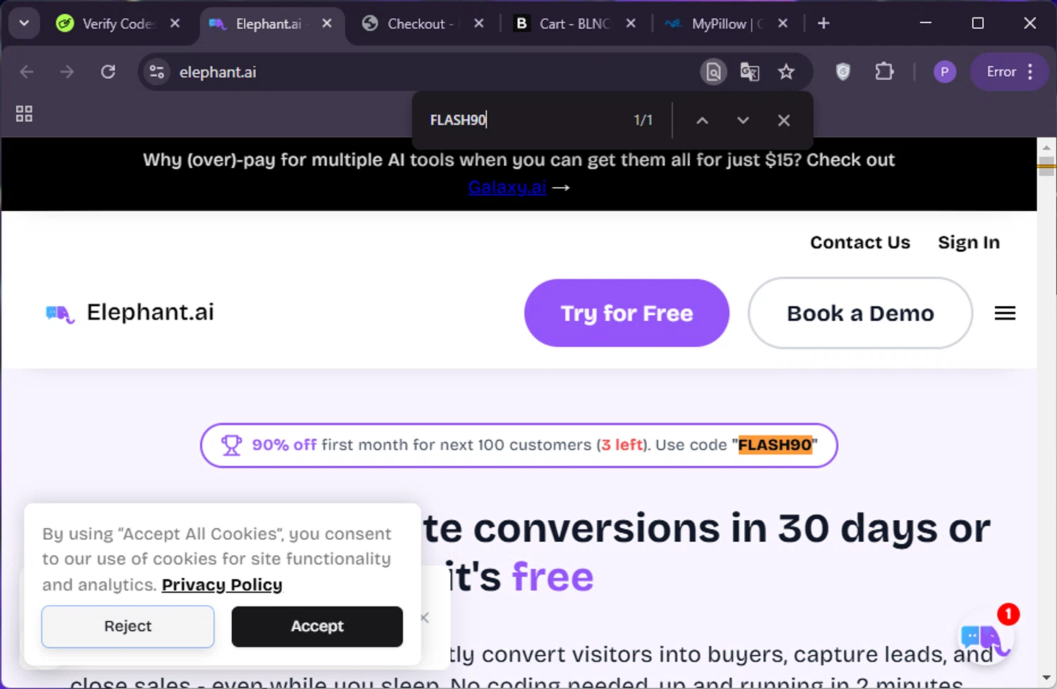 Elephant.ai checkout page showing Elephant.ai promo code box | Screenshot taken by SimplyCodes community member on Jan 22, 2025
