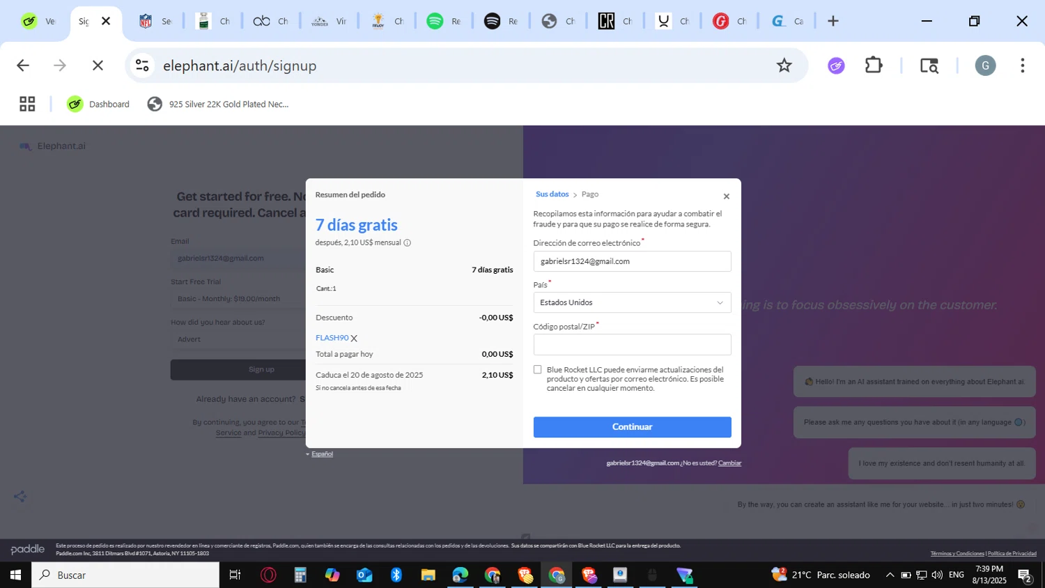 Elephant.ai promo code screenshot showing code FLASH90 applied at Elephant.ai checkout page. Uploaded by SimplyCodes community member guest_623525963 on Aug 13, 2025