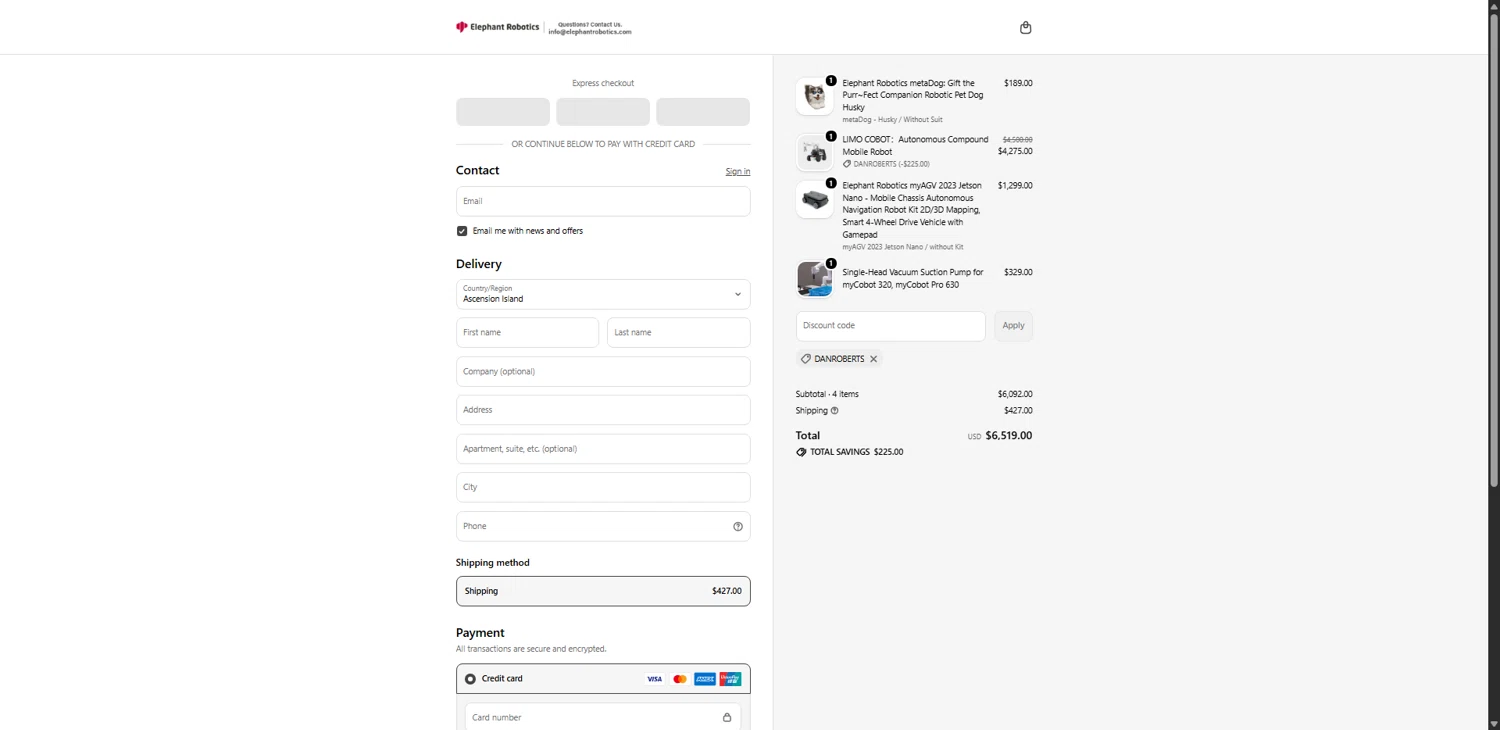 Elephant Robotics Shop promo code screenshot showing code DANROBERTS applied at Elephant Robotics Shop checkout page. Uploaded by SimplyCodes community member CodeAce1208 on Jun 3, 2026