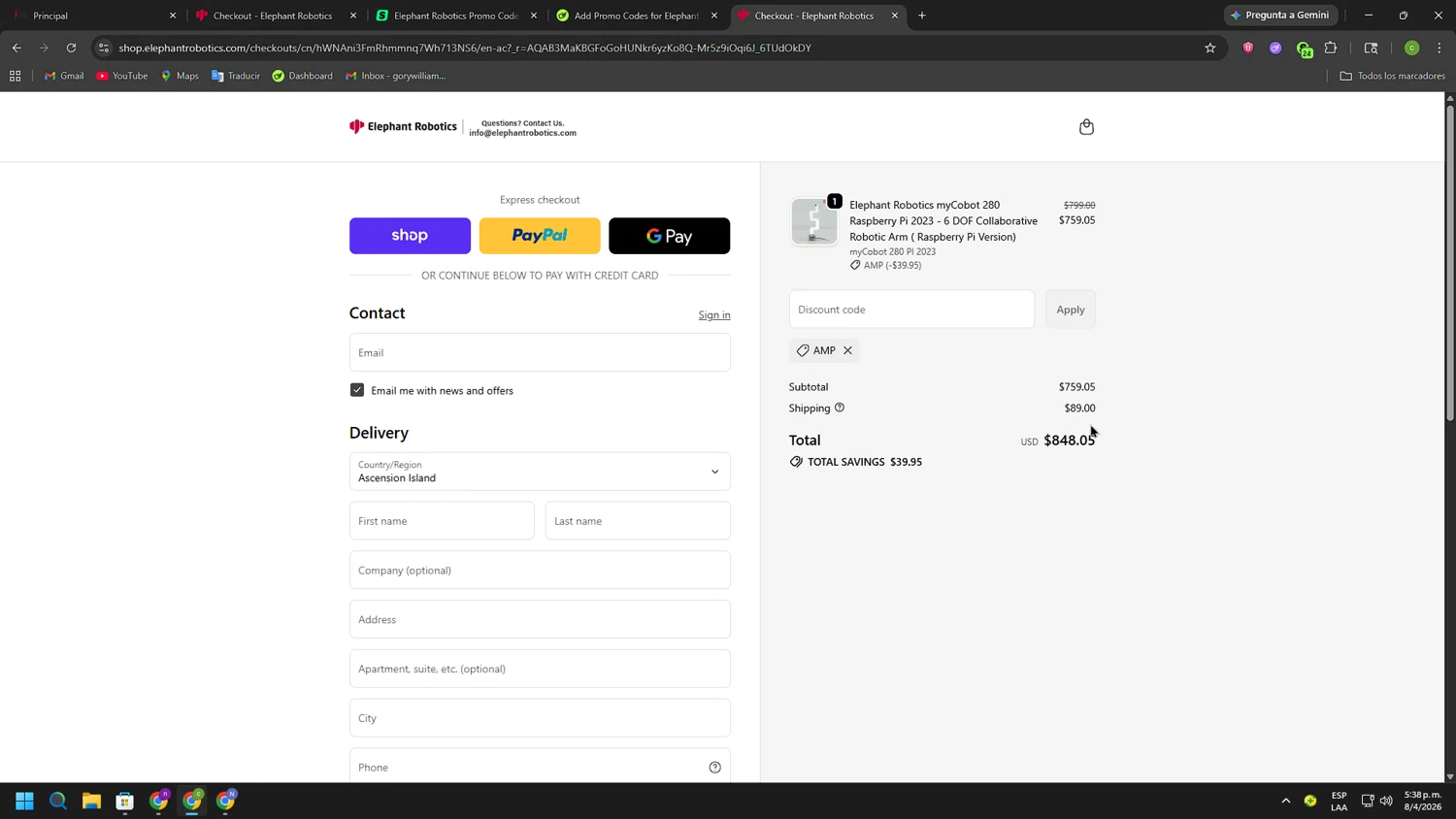 Elephant Robotics Shop promo code screenshot showing code amp applied at Elephant Robotics Shop checkout page. Uploaded by SimplyCodes community member MagnificentPilot8371 on Apr 8, 2026