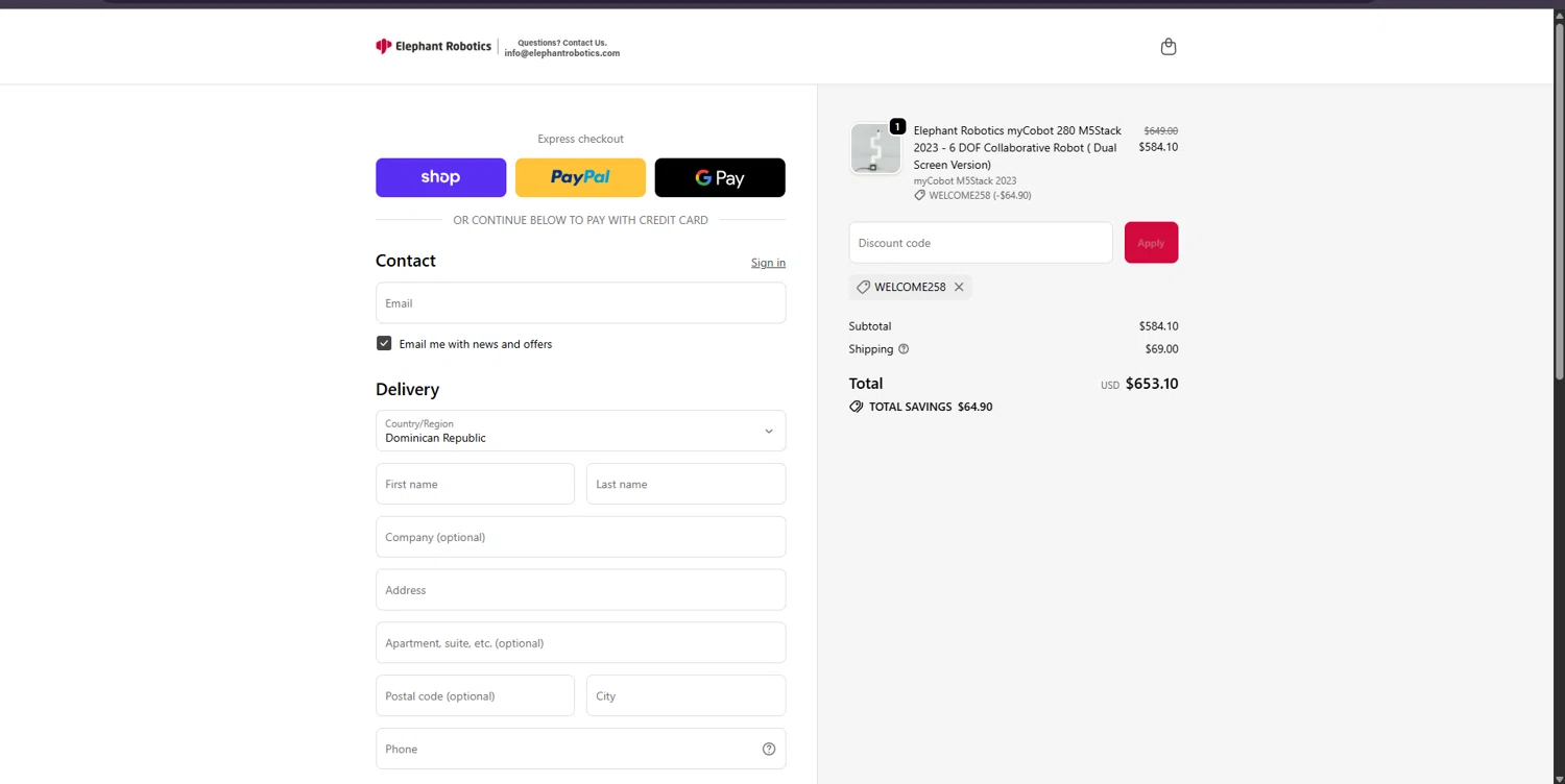 Elephant Robotics promo code screenshot showing code WELCOME258 applied at Elephant Robotics checkout page. Uploaded by SimplyCodes community member SavvyLynx6076 on Dec 22, 2025