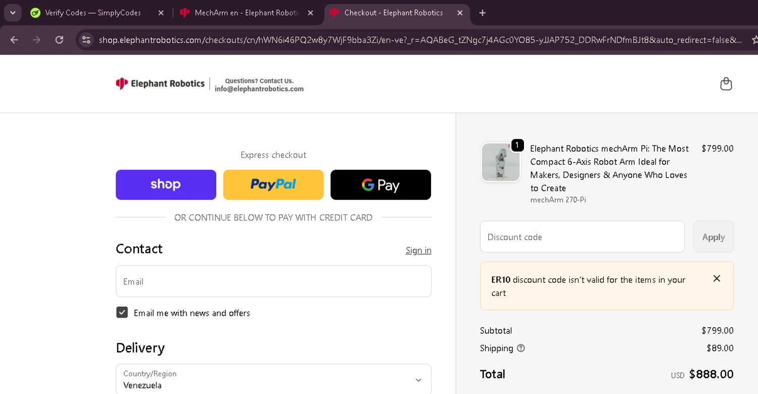 Elephant Robotics promo code screenshot showing code ER10 applied at Elephant Robotics checkout page. Uploaded by SimplyCodes community member EnmanuelEDITOR on Dec 22, 2025
