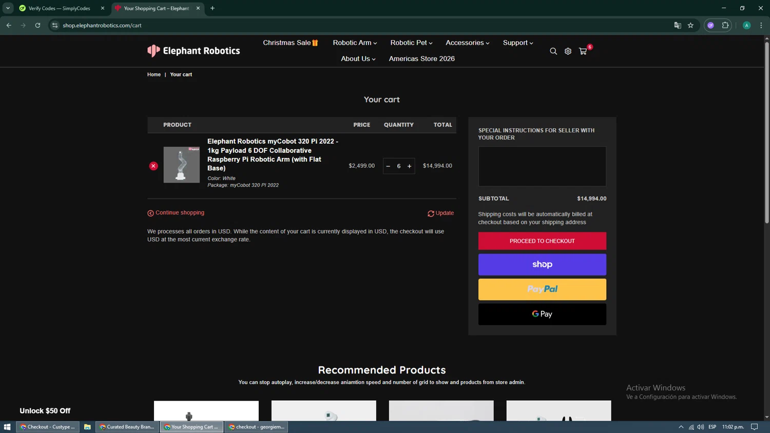 Elephant Robotics promo code screenshot showing code ER10 applied at Elephant Robotics checkout page. Uploaded by SimplyCodes community member simplycodescupons on Dec 22, 2025
