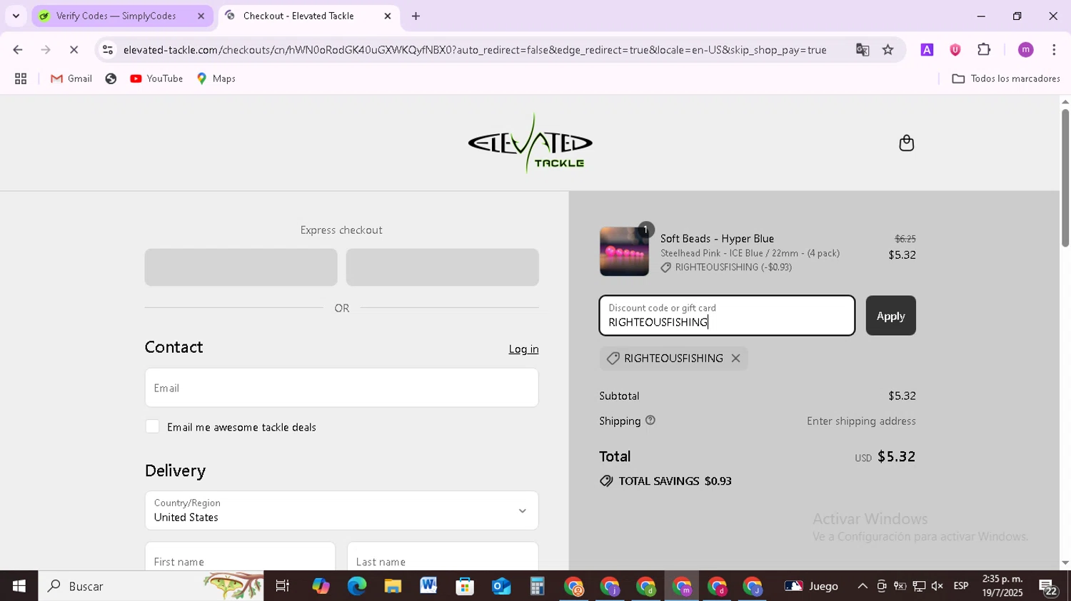Elevated Tackle promo code screenshot showing code RIGHTEOUSFISHING applied at Elevated Tackle checkout page. Uploaded by SimplyCodes community member BudgetMonarch8952 on Jul 19, 2025