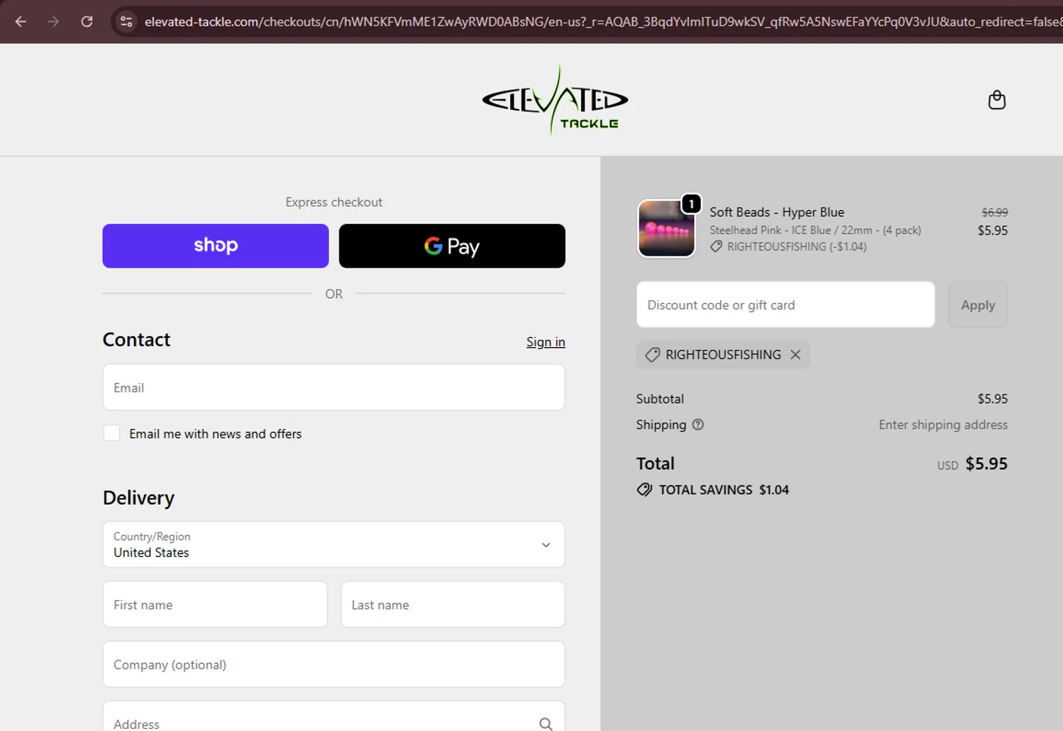 Elevated Tackle promo code screenshot showing code RIGHTEOUSFISHING applied at Elevated Tackle checkout page. Uploaded by SimplyCodes community member Teamgorila on Nov 15, 2025