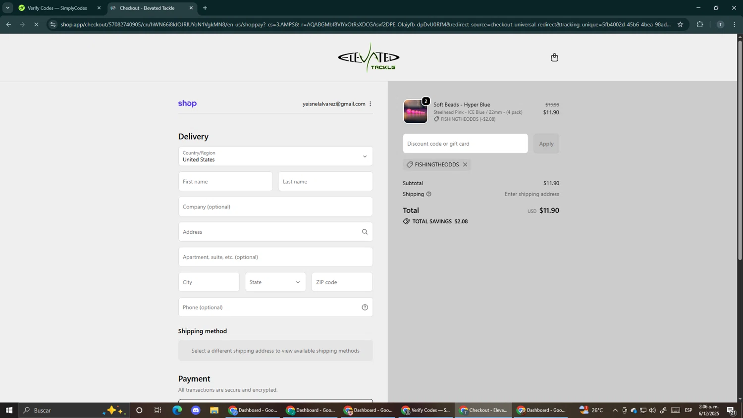 Elevated Tackle promo code screenshot showing code FISHINGTHEODDS applied at Elevated Tackle checkout page. Uploaded by SimplyCodes community member Makemusic on Dec 6, 2025