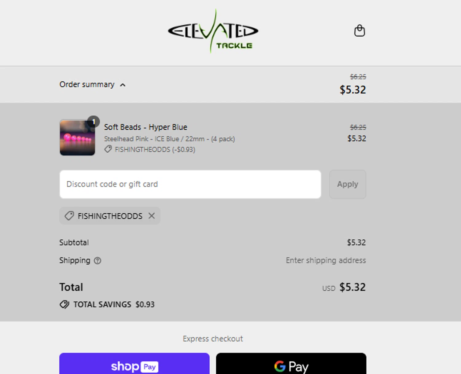Elevated Tackle promo code screenshot showing code FISHINGTHEODDS applied at Elevated Tackle checkout page. Uploaded by SimplyCodes community member OsbelSanchez23 on Jul 21, 2025