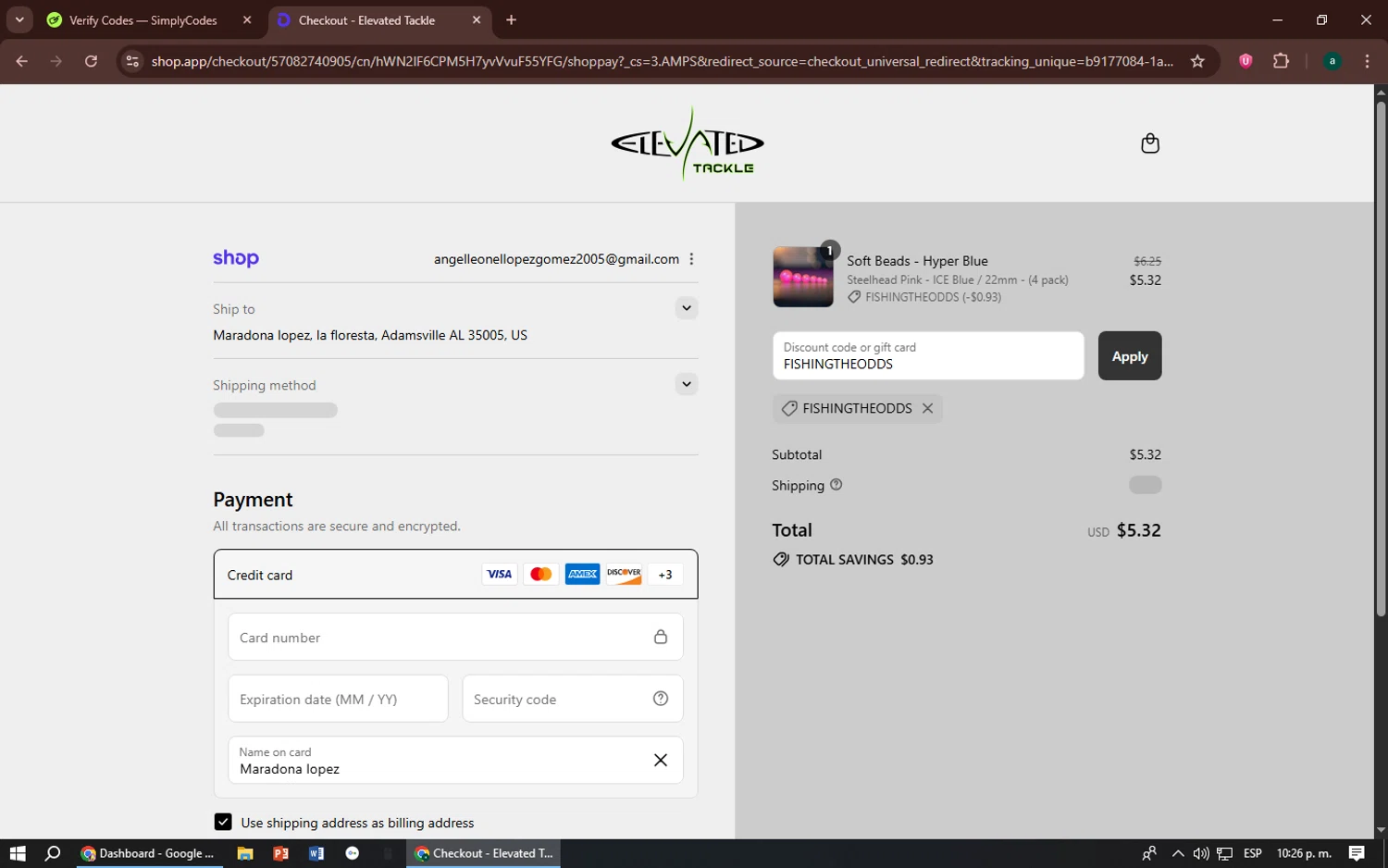 Elevated Tackle promo code screenshot showing code FISHINGTHEODDS applied at Elevated Tackle checkout page. Uploaded by SimplyCodes community member zizu55 on Sep 9, 2025