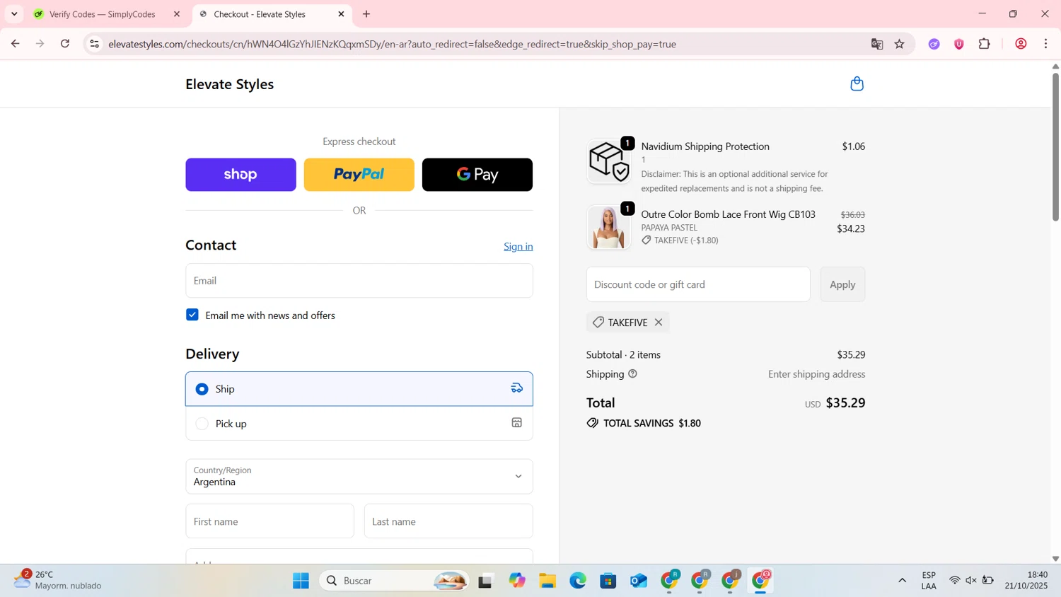 Elevate Styles discount code screenshot showing code TAKEFIVE applied at Elevate Styles checkout page. Uploaded by SimplyCodes community member MightyMaestro2589 on Oct 21, 2025