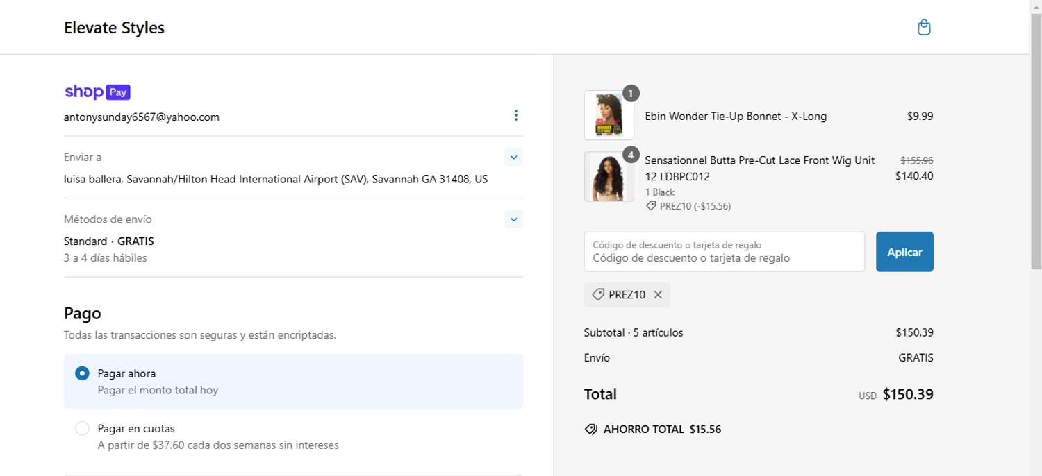 Elevate Styles discount code screenshot showing code prez10 applied at Elevate Styles checkout page. Uploaded by SimplyCodes community member Lamadama on Feb 17, 2025