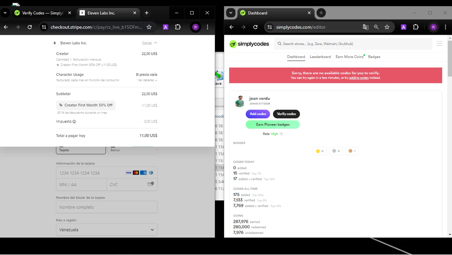 ElevenLabs AI checkout page showing ElevenLabs AI promo code box | Screenshot taken by SimplyCodes community member on Jul 8, 2024