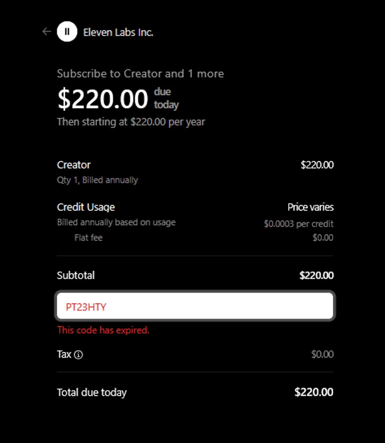 ElevenLabs AI promo code screenshot showing code PT23HTY applied at ElevenLabs AI checkout page. Uploaded by SimplyCodes community member pkwhite on May 26, 2025