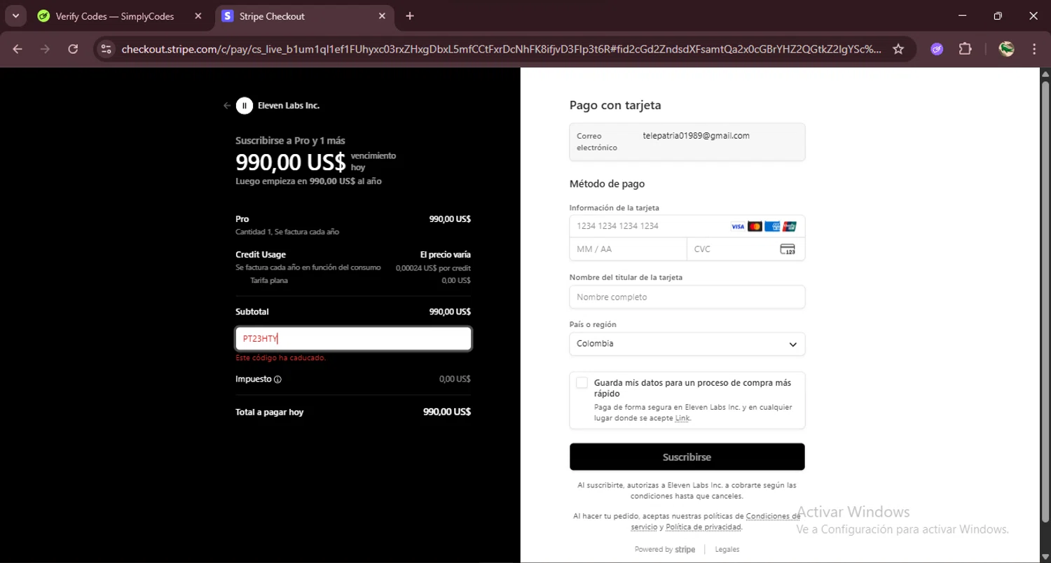 ElevenLabs AI promo code screenshot showing code PT23HTY applied at ElevenLabs AI checkout page. Uploaded by SimplyCodes community member RewardDefender7173 on Aug 28, 2025
