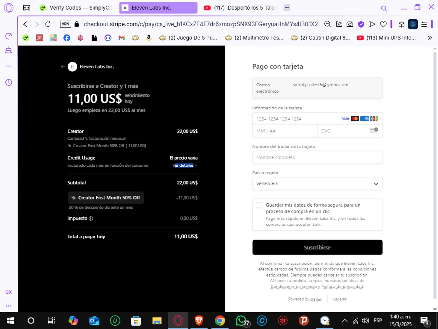 ElevenLabs AI checkout page showing ElevenLabs AI promo code box | Screenshot taken by SimplyCodes community member on Mar 15, 2025
