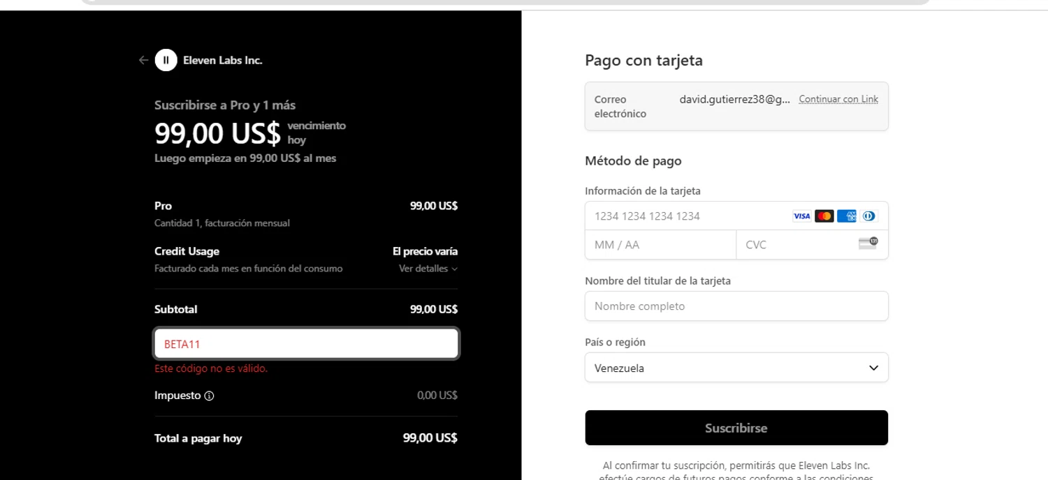 ElevenLabs AI promo code screenshot showing code BETA11 applied at ElevenLabs AI checkout page. Uploaded by SimplyCodes community member FundoSinai on Jul 25, 2025