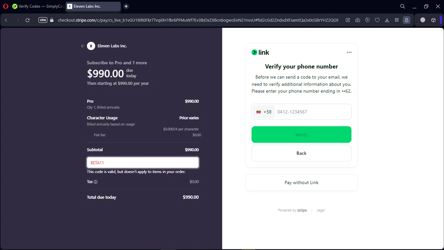 ElevenLabs AI checkout page showing ElevenLabs AI promo code box | Screenshot taken by SimplyCodes community member on Jul 27, 2024