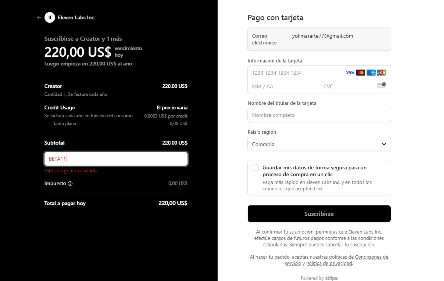 ElevenLabs AI promo code screenshot showing code BETA11 applied at ElevenLabs AI checkout page. Uploaded by SimplyCodes community member yolimararteaga1 on Jun 5, 2025