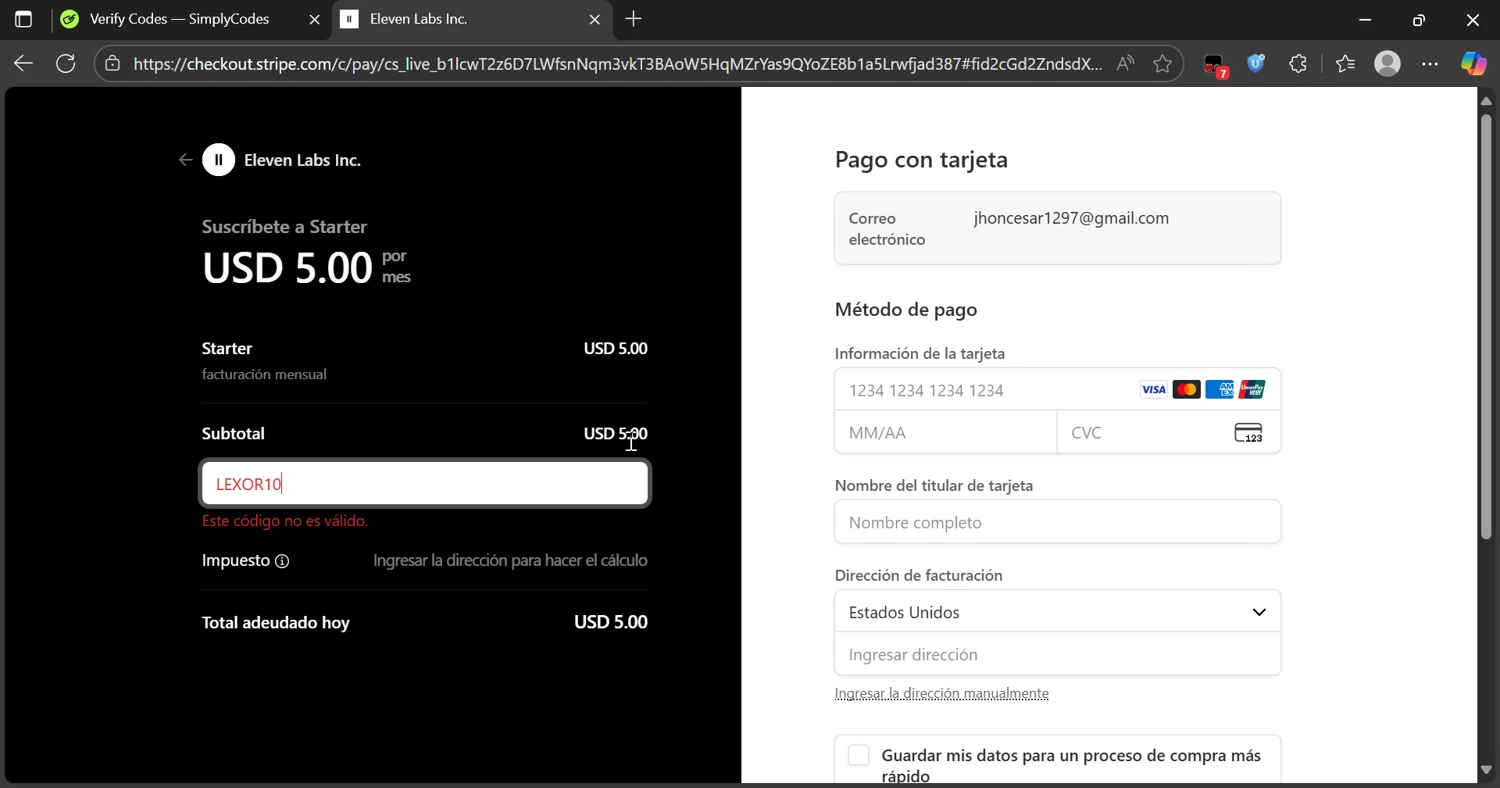 ElevenLabs AI promo code screenshot showing code V70N69 applied at ElevenLabs AI checkout page. Uploaded by SimplyCodes community member Lamine_Yamal on Aug 25, 2025