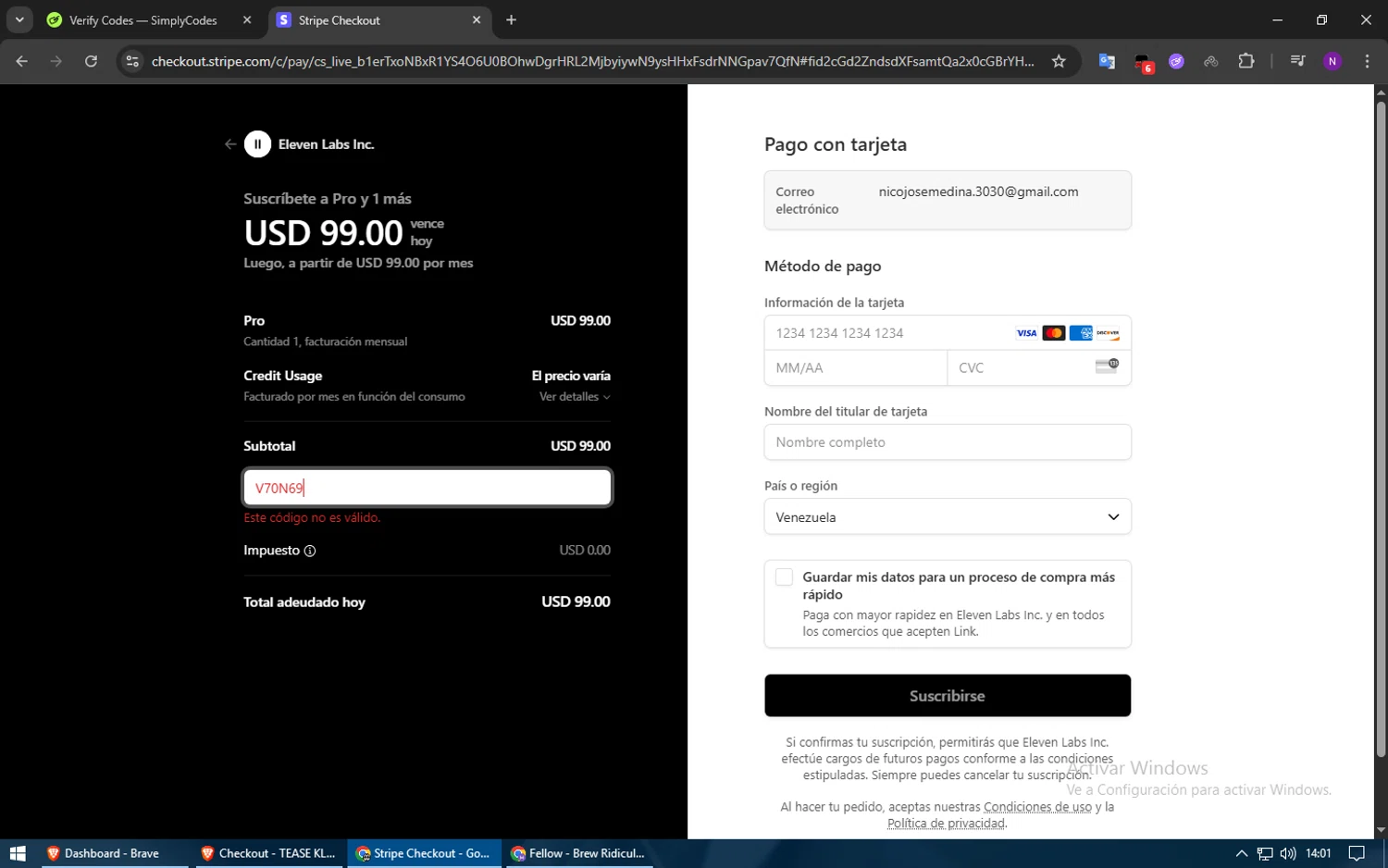 ElevenLabs AI promo code screenshot showing code V70N69 applied at ElevenLabs AI checkout page. Uploaded by SimplyCodes community member usuario500 on Jul 22, 2025
