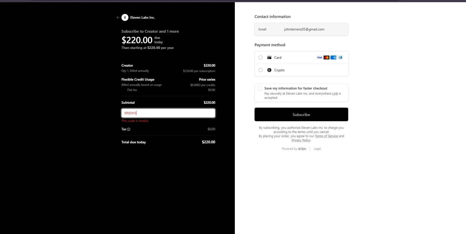 ElevenLabs AI promo code screenshot showing code 8R85H5 applied at ElevenLabs AI checkout page. Uploaded by SimplyCodes community member suppahdealz on Oct 29, 2025