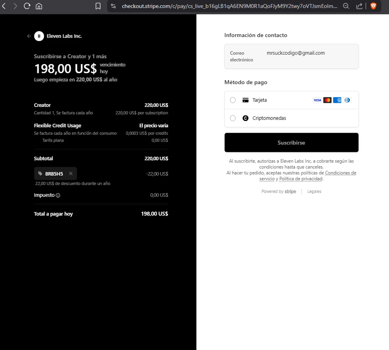 ElevenLabs AI promo code screenshot showing code 8R85H5 applied at ElevenLabs AI checkout page. Uploaded by SimplyCodes community member Jmhernand1 on Oct 26, 2025