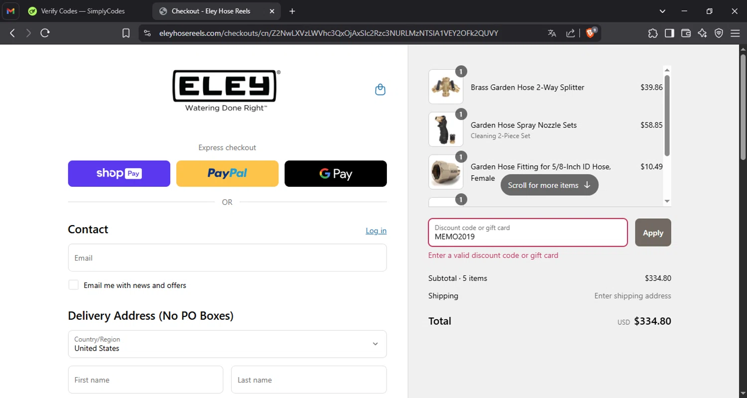Eley Hose Reels discount code screenshot showing code MEMO2019 applied at Eley Hose Reels checkout page. Uploaded by SimplyCodes community member Migu_u on May 26, 2025