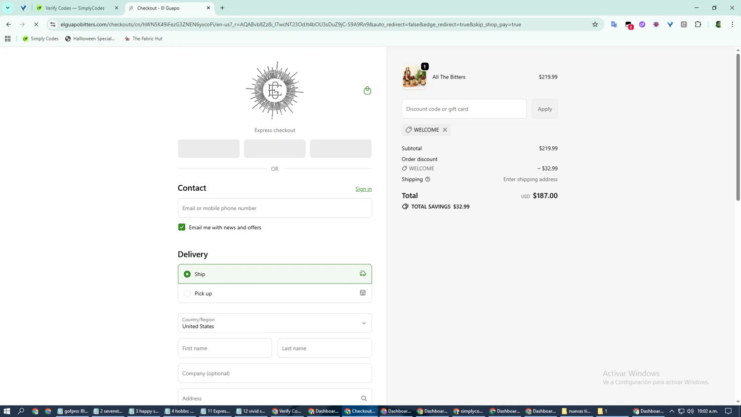 El Guapo Bitters promo code screenshot showing code WELCOME applied at El Guapo Bitters checkout page. Uploaded by SimplyCodes community member Hulk__ on Nov 15, 2025
