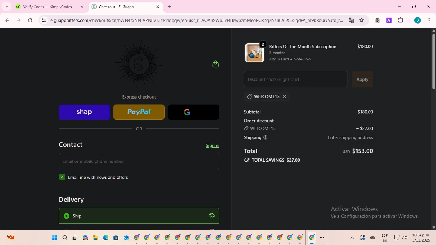 El Guapo Bitters promo code screenshot showing code WELCOME15 applied at El Guapo Bitters checkout page. Uploaded by SimplyCodes community member ShrewdTracker5871 on Nov 4, 2025