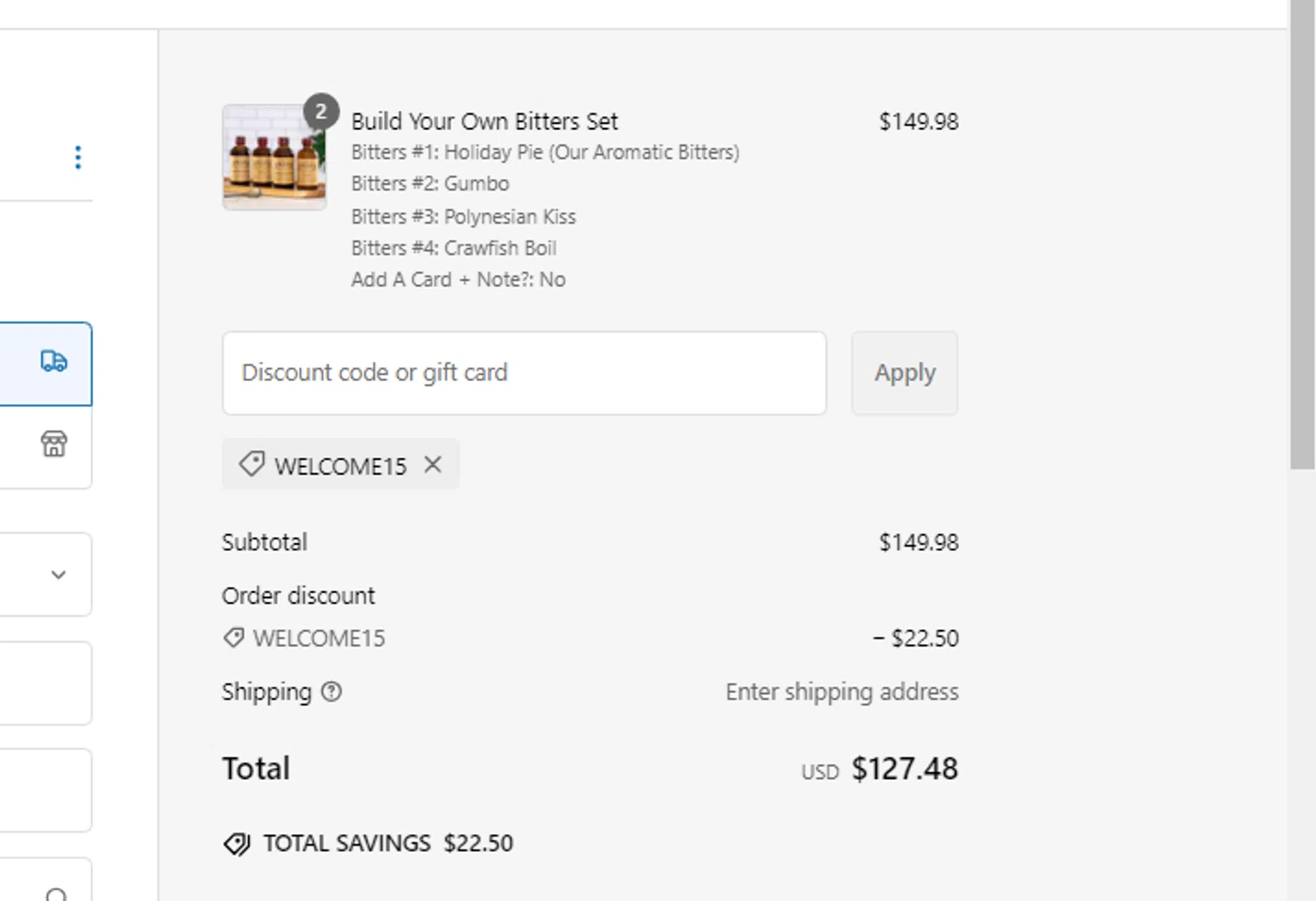 El Guapo Bitters promo code screenshot showing code WELCOME15 applied at El Guapo Bitters checkout page. Uploaded by SimplyCodes community member fghfgefds2 on Feb 26, 2025