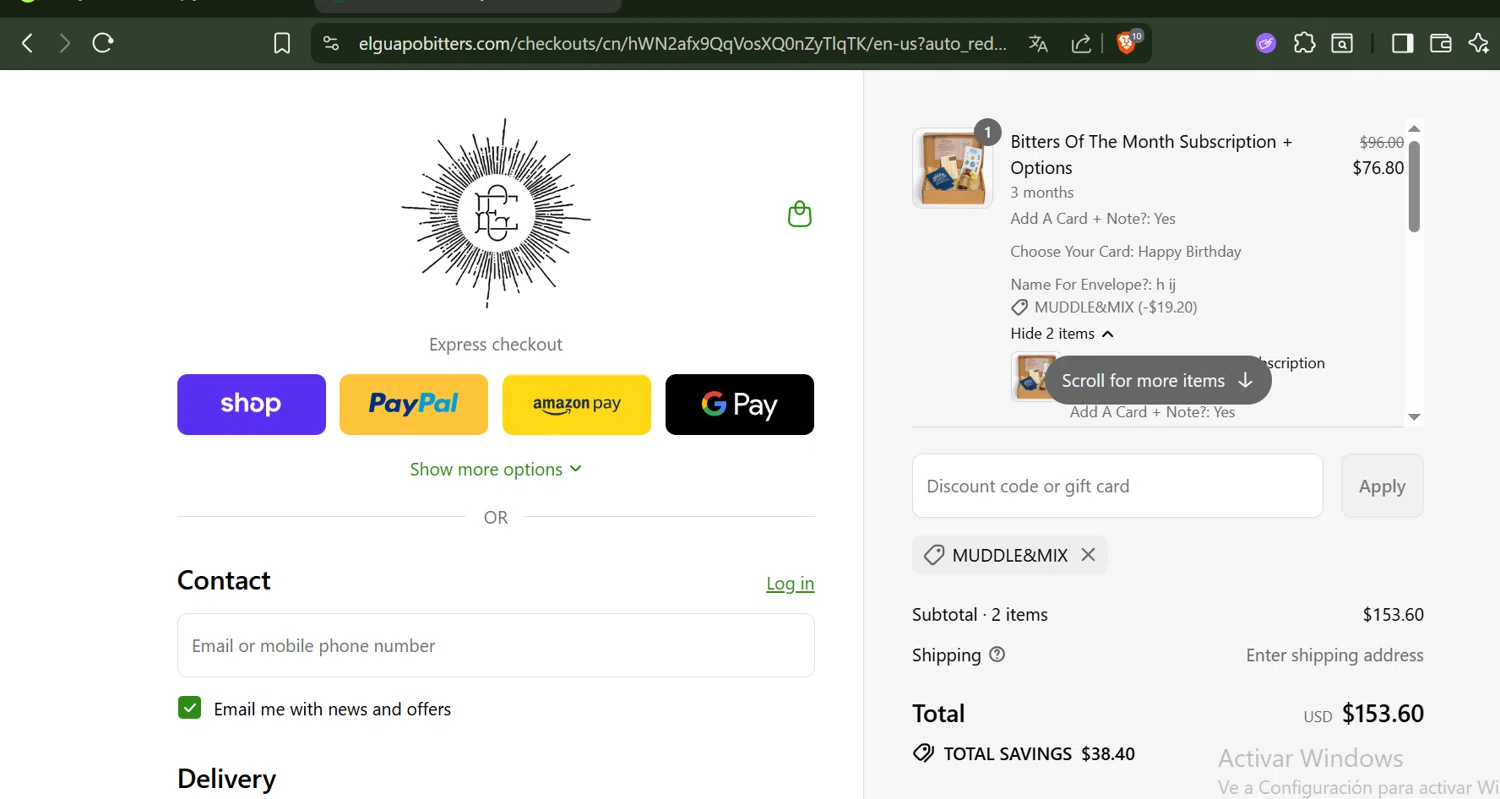 El Guapo Bitters promo code screenshot showing code MUDDLE&MIX applied at El Guapo Bitters checkout page. Uploaded by SimplyCodes community member SwiftLynx6587 on Sep 4, 2025