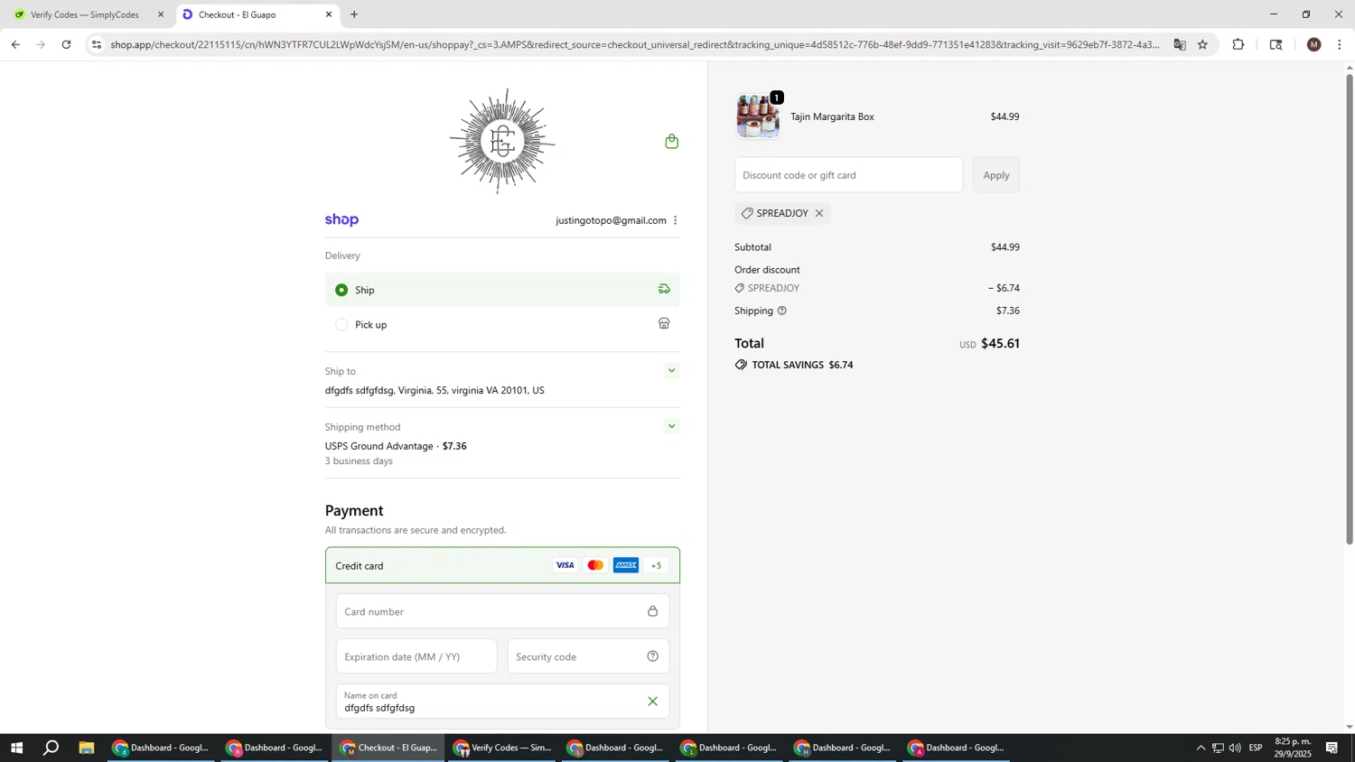 El Guapo Bitters promo code screenshot showing code SPREADJOY applied at El Guapo Bitters checkout page. Uploaded by SimplyCodes community member KTMCRF on Sep 30, 2025