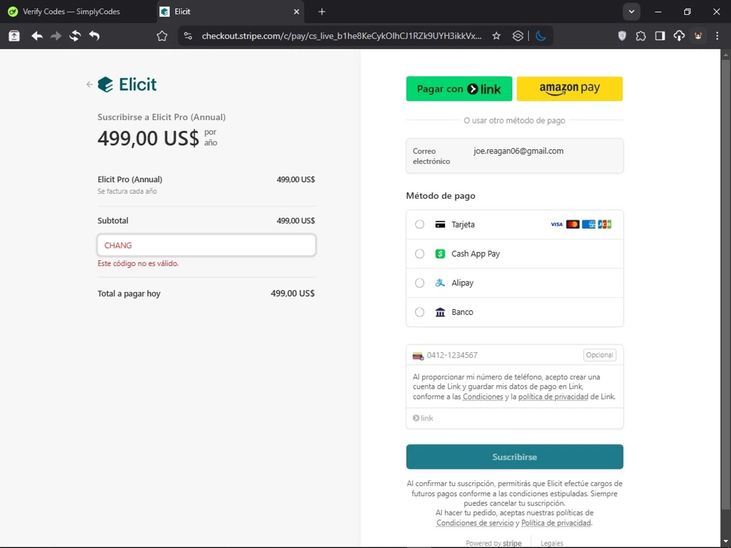 Elicit promo code screenshot showing code Chang applied at Elicit checkout page. Uploaded by SimplyCodes community member PromoSpotter1784 on Mar 15, 2025