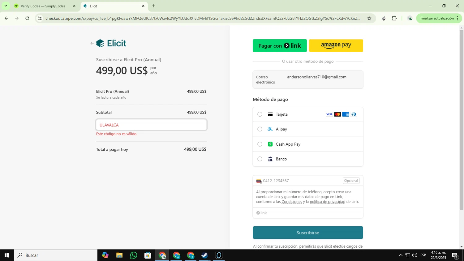 Elicit promo code screenshot showing code ULAVALCA applied at Elicit checkout page. Uploaded by SimplyCodes community member YUPITAISON on Mar 22, 2025