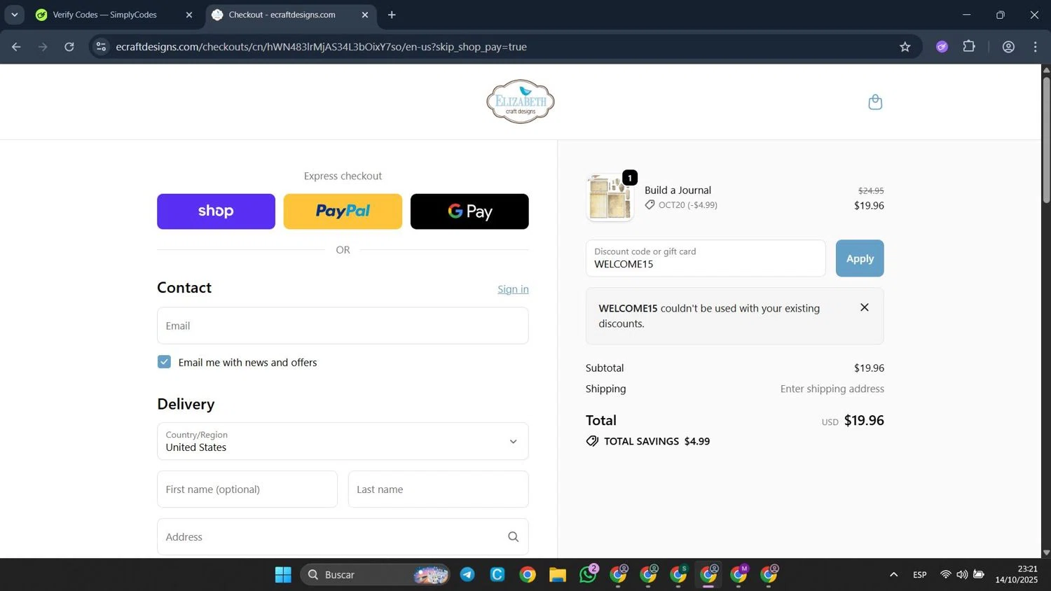 Elizabeth Craft Designs promo code screenshot showing code WELCOME15 applied at Elizabeth Craft Designs checkout page. Uploaded by SimplyCodes community member CleverFalcon6244 on Oct 15, 2025
