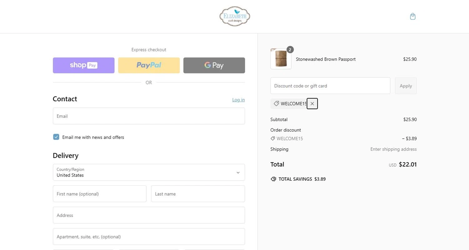 Elizabeth Craft Designs promo code screenshot showing code WELCOME15 applied at Elizabeth Craft Designs checkout page. Uploaded by SimplyCodes community member VictoriousSpotter2855 on Feb 5, 2025
