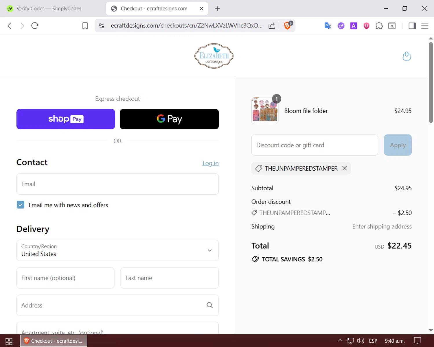 Elizabeth Craft Designs promo code screenshot showing code THEUNPAMPEREDSTAMPER applied at Elizabeth Craft Designs checkout page. Uploaded by SimplyCodes community member LuckyPilot205 on Jul 14, 2025