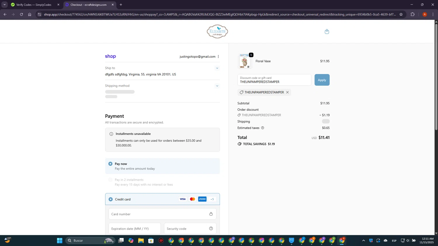 Elizabeth Craft Designs promo code screenshot showing code THEUNPAMPEREDSTAMPER applied at Elizabeth Craft Designs checkout page. Uploaded by SimplyCodes community member MagnificentExpert2705 on Nov 15, 2025