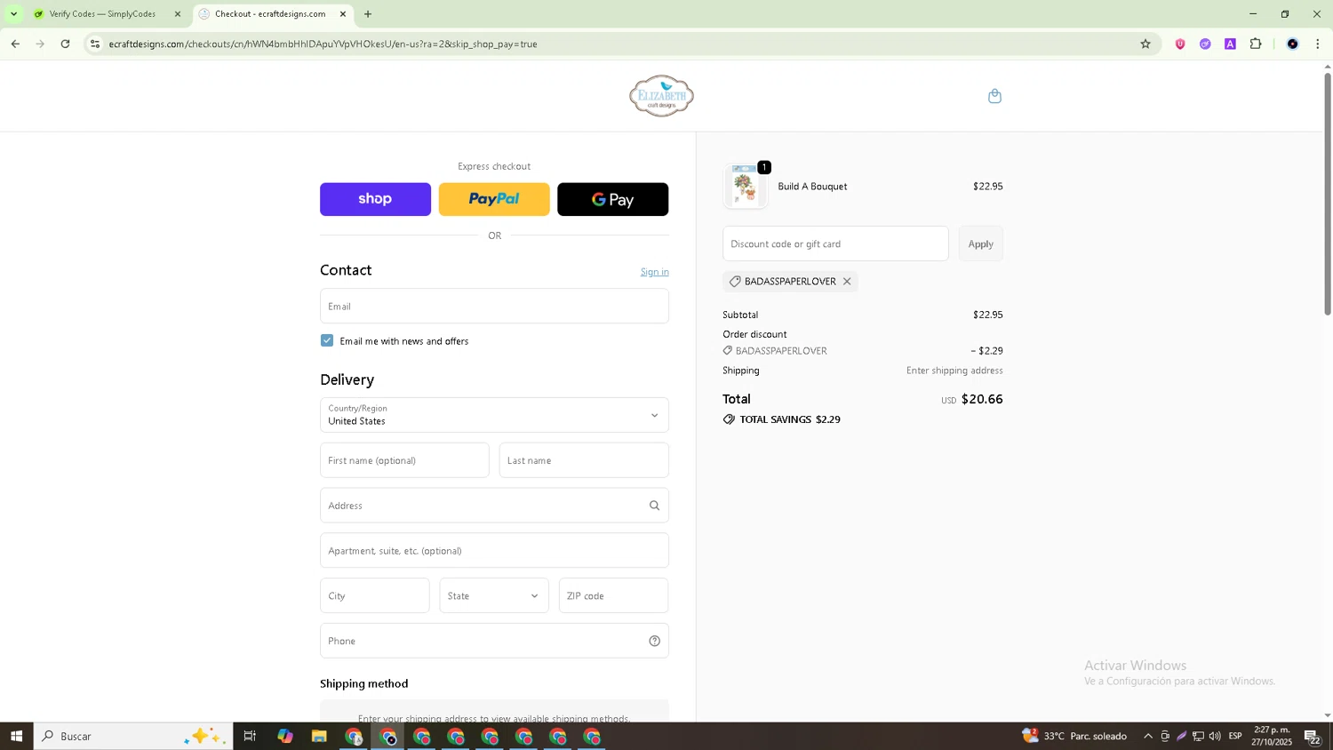 Elizabeth Craft Designs promo code screenshot showing code BADASSPAPERLOVER applied at Elizabeth Craft Designs checkout page. Uploaded by SimplyCodes community member GoldRanger7074 on Oct 27, 2025
