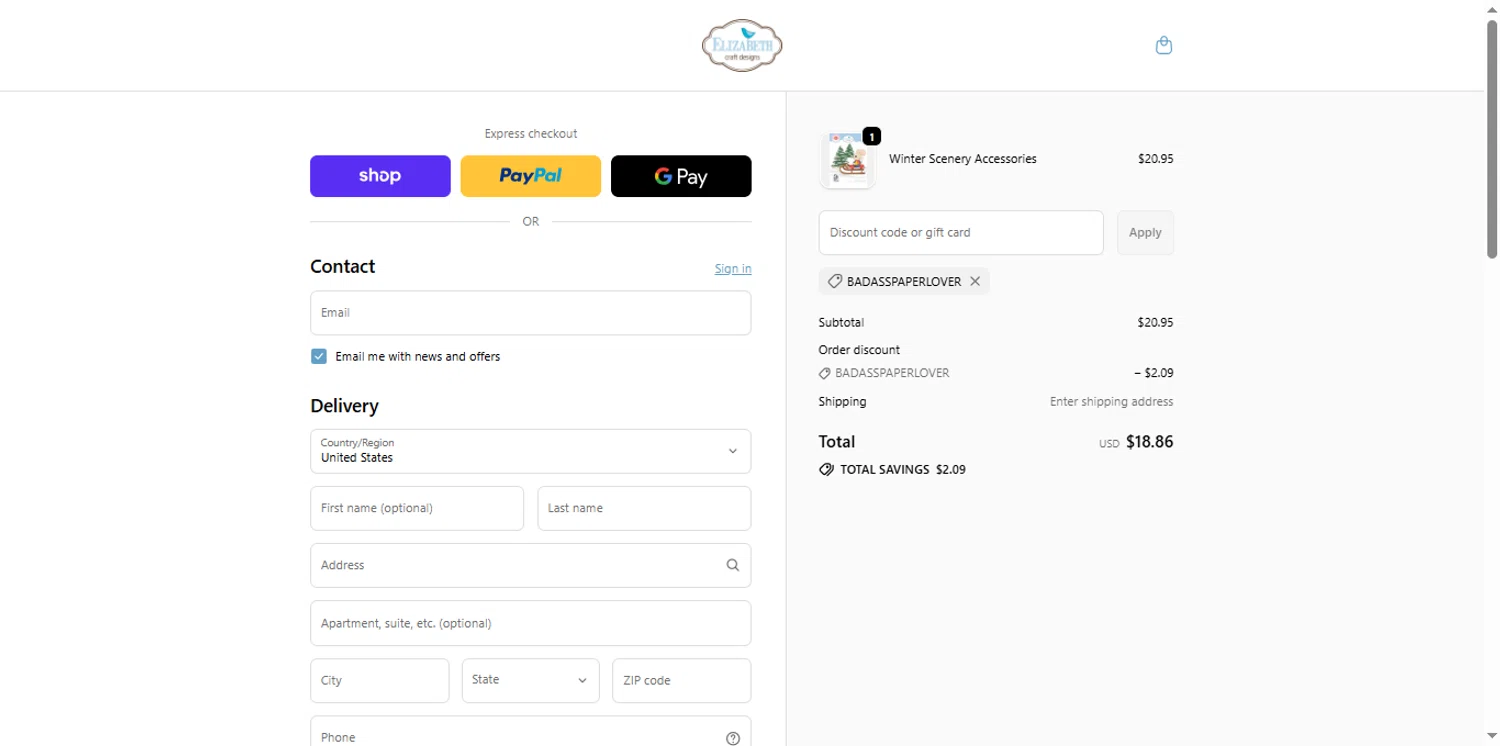 Elizabeth Craft Designs promo code screenshot showing code BADASSPAPERLOVER applied at Elizabeth Craft Designs checkout page. Uploaded by SimplyCodes community member renegul on Sep 21, 2025