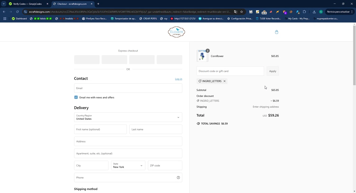 Elizabeth Craft Designs promo code screenshot showing code INGRID_LETTERS applied at Elizabeth Craft Designs checkout page. Uploaded by SimplyCodes community member WiseMaestro7997 on Feb 24, 2025